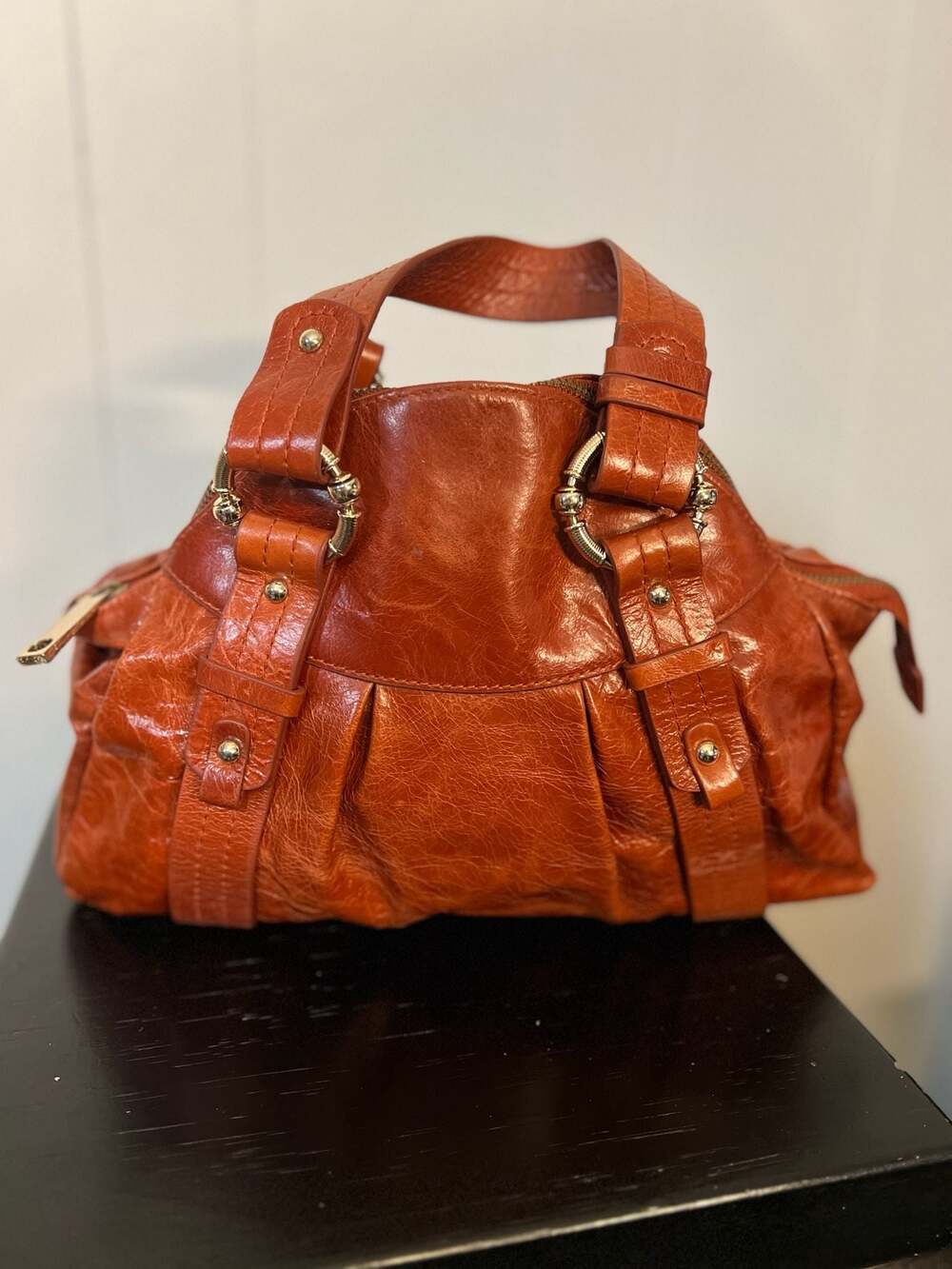 Kate Landry Orange Leather Pleated Dome Satchel Bag